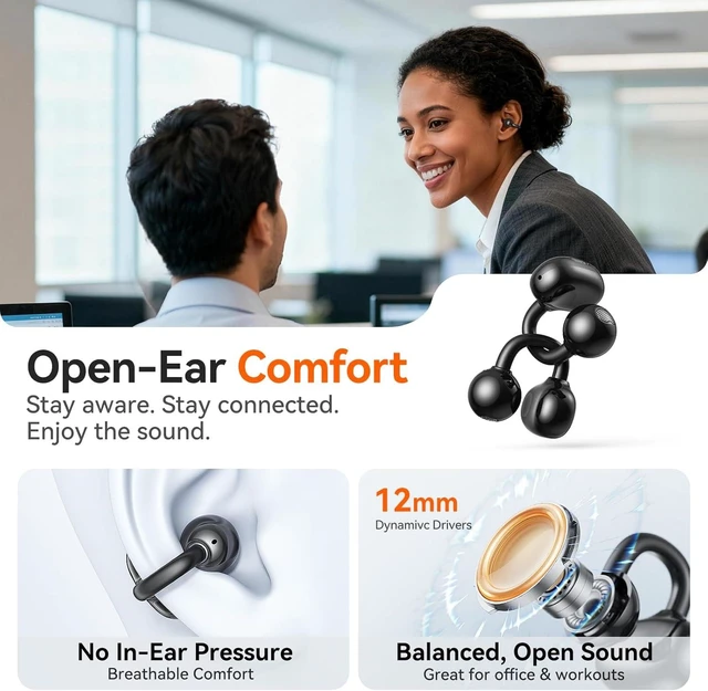 Alt view image 5 of 7 - 2-in-1 Wireless Earbuds In-Ear & Open-Ear Clip-On, Bluetooth 5.4 with Noise-Cancelling Mic, Power Swap Charging, up to 50H (Black)