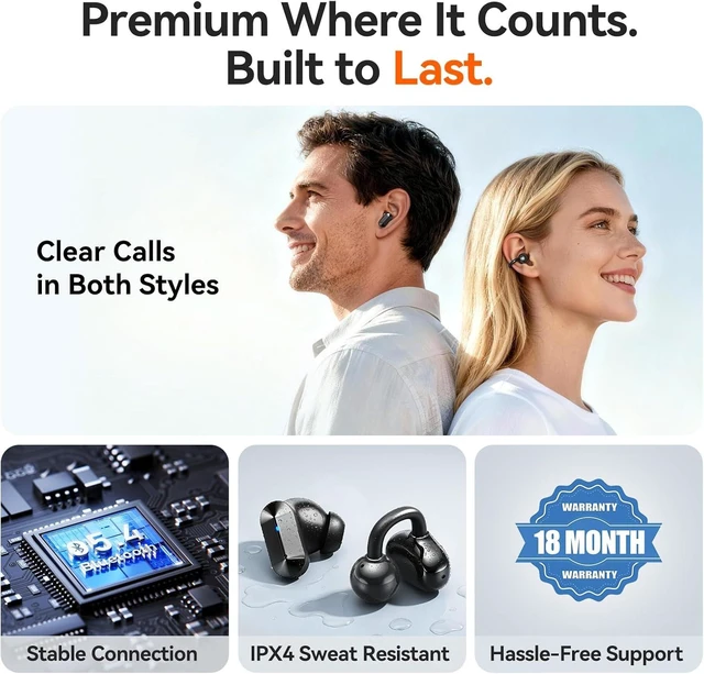 Alt view image 7 of 7 - 2-in-1 Wireless Earbuds In-Ear & Open-Ear Clip-On, Bluetooth 5.4 with Noise-Cancelling Mic, Power Swap Charging, up to 50H (Black)