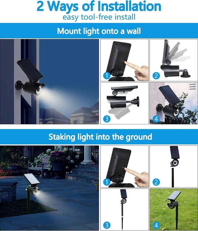 Alt view image 4 of 6 - 2-Pack Solar Motion Sensor Security Light, Metal Finish with Red Indicator, IP66 Waterproof, 2400mAh