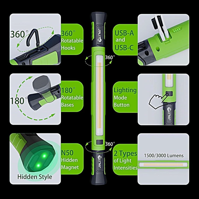 Alt view image 2 of 7 - Rechargeable LED Magnetic Work Light Bar, 3000LM 5200mAh Under Hood Mechanic Light for Garage, Workshop, Vehicle Inspection (1 Pack Green)