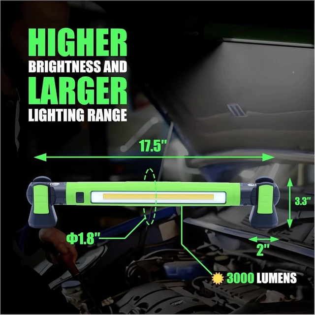 Alt view image 6 of 7 - Rechargeable LED Magnetic Work Light Bar, 3000LM 5200mAh Under Hood Mechanic Light for Garage, Workshop, Vehicle Inspection (1 Pack Green)