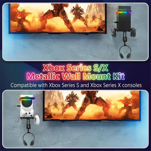 Alt view image 2 of 7 - Wall Mount for Xbox Series X/S with RGB Light Detachable Dual Controller Holder & Headphone Hanger, Mounted Shelf Stand for Series X|S Consoles