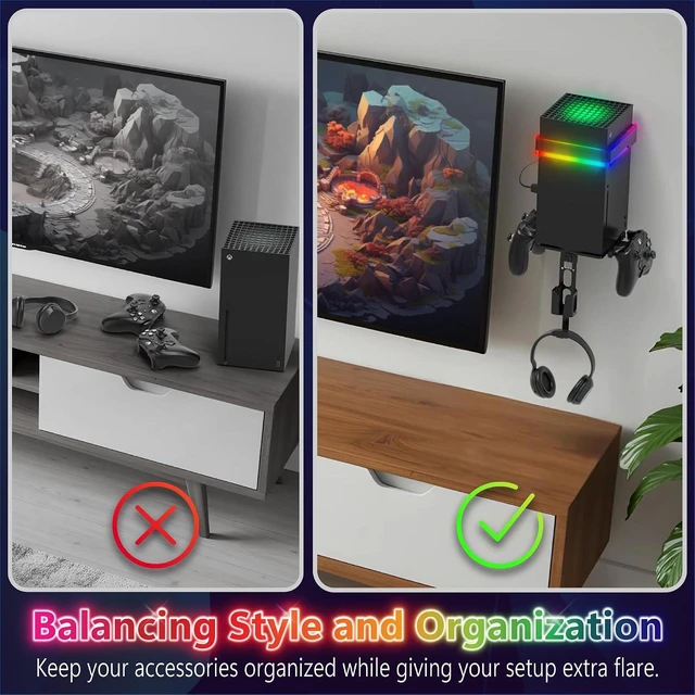 Alt view image 3 of 7 - Wall Mount for Xbox Series X/S with RGB Light Detachable Dual Controller Holder & Headphone Hanger, Mounted Shelf Stand for Series X|S Consoles