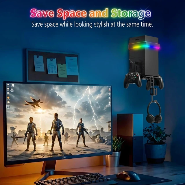 Alt view image 6 of 7 - Wall Mount for Xbox Series X/S with RGB Light Detachable Dual Controller Holder & Headphone Hanger, Mounted Shelf Stand for Series X|S Consoles