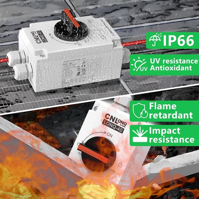 Alt view image 2 of 7 - CNLONQ 32A DC1500V Solar PV Disconnect Switch 4P Rapid Shutoff Isolator for 1 or 2 Strings, IP66 Waterproof for Rooftop Solar, RV & Boats