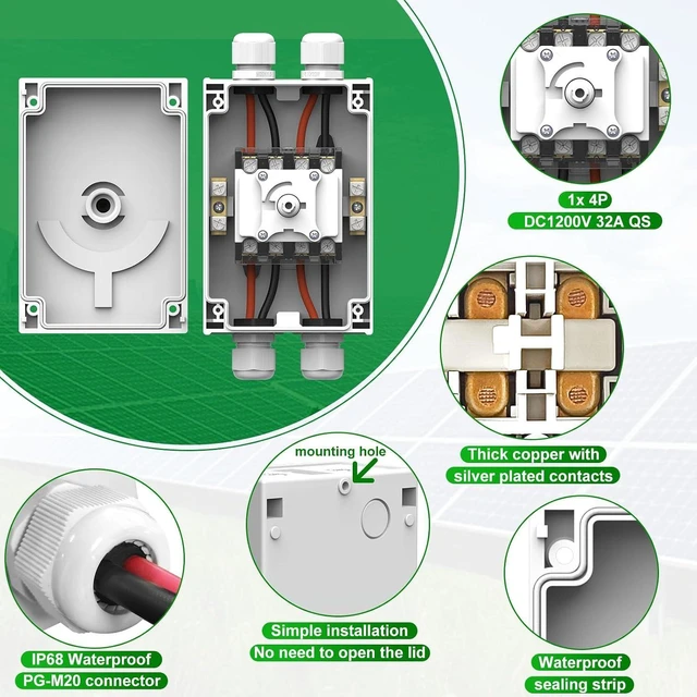 Alt view image 3 of 7 - CNLONQ 32A DC1500V Solar PV Disconnect Switch 4P Rapid Shutoff Isolator for 1 or 2 Strings, IP66 Waterproof for Rooftop Solar, RV & Boats