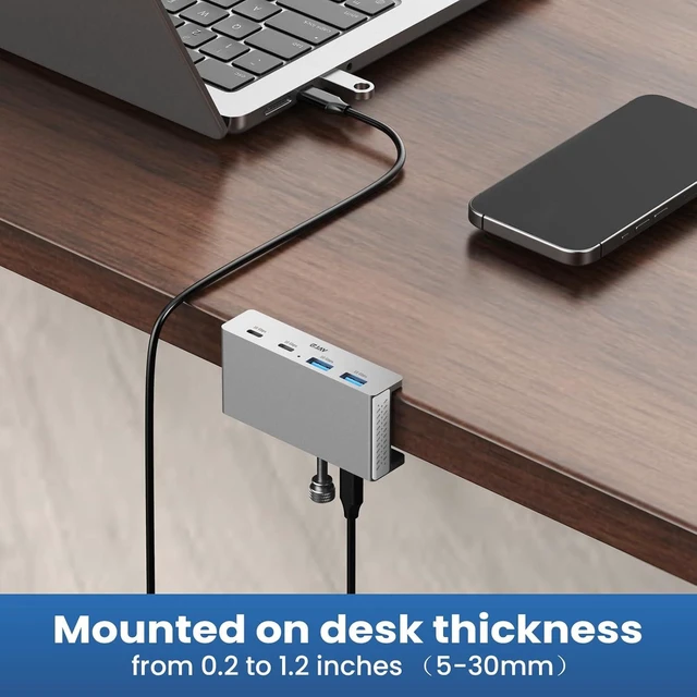 Alt view image 7 of 7 - 10Gbps Desk Clamp USB C Hub Multiport Adapter Aluminum Desktop Mount USB Port Expander Splitter for iMac, Mac & PC Workstations, Under-Desk, Silver