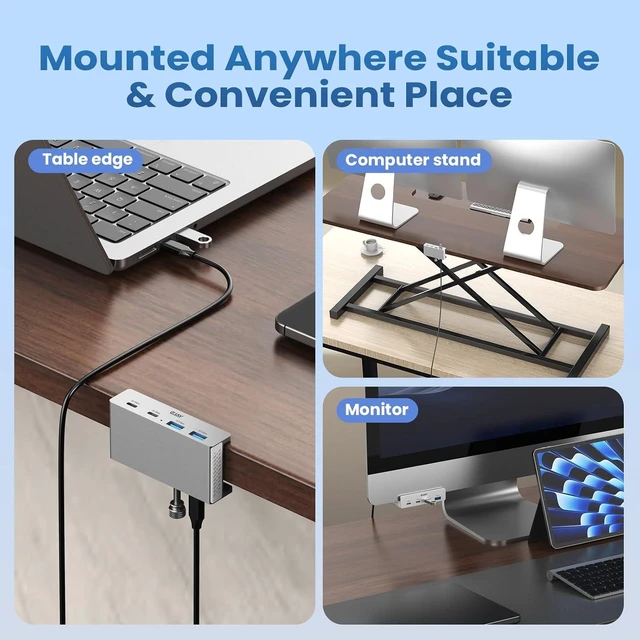 Alt view image 4 of 7 - 10Gbps Desk Clamp USB C Hub Multiport Adapter Aluminum Desktop Mount USB Port Expander Splitter for iMac, Mac & PC Workstations, Under-Desk, Silver