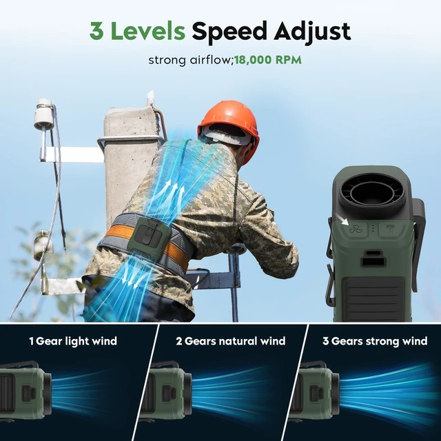 Alt view image 3 of 6 - Portable Waist Fan 10000mAh Rechargeable 18000RPM Clip Fan with Max 12H Working Time, 3-Speed Adjustment & LED Flashlight for Outdoor, Jobsite & More