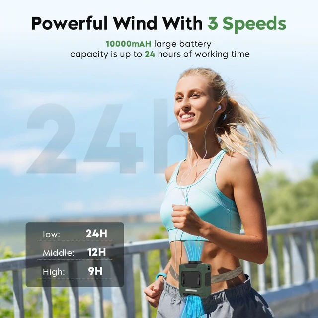 Alt view image 2 of 6 - Portable Waist Fan 10000mAh Rechargeable 18000RPM Clip Fan with Max 12H Working Time, 3-Speed Adjustment & LED Flashlight for Outdoor, Jobsite & More