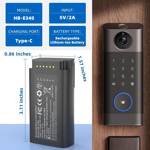 Alt view image 4 of 6 - 2 Pack Rechargeable Lithium-ion Replacement Battery for eufy E340 Video Doorbell Type-C Charge Cable, Upgraded 7000mAh Capacity