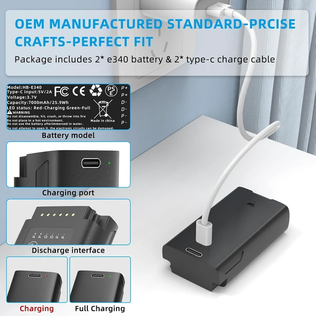 Alt view image 5 of 6 - 2 Pack Rechargeable Lithium-ion Replacement Battery for eufy E340 Video Doorbell Type-C Charge Cable, Upgraded 7000mAh Capacity