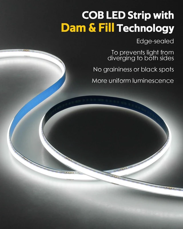 Alt view image 2 of 7 - 24V COB LED Strip Light, 65.6ft Roll Cold White 6500K, 8mm, Dimmable 480LED/M, Bluetooth APP, Timer, Self-Adhesive Rope Light for Cabinet DIY