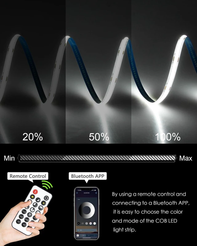 Alt view image 4 of 7 - 24V COB LED Strip Light, 65.6ft Roll Cold White 6500K, 8mm, Dimmable 480LED/M, Bluetooth APP, Timer, Self-Adhesive Rope Light for Cabinet DIY