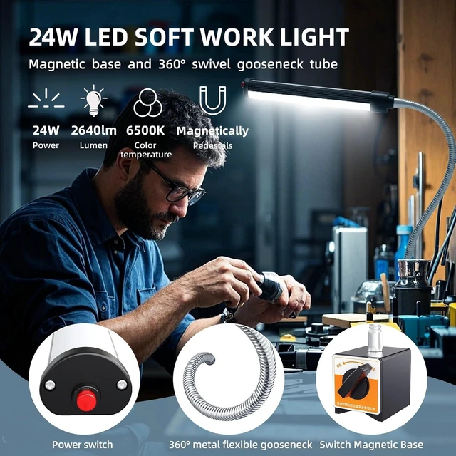 Alt view image 2 of 6 - 24W 2400 Lumen Flexible Gooseneck LED Magnetic Work Light with Adjustable Base, Industrial Light for Lathe, CNC Milling, Drill Press & Sewing Machine