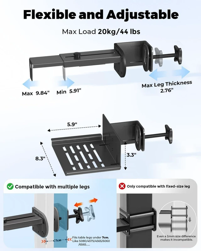 Alt view image 2 of 7 - No-Drill Clamp-On Desk-Leg Under-Desk PC Mount for Standing Desks Adjustable Computer Case CPU Holder Holds Up to 44 lbs, Black