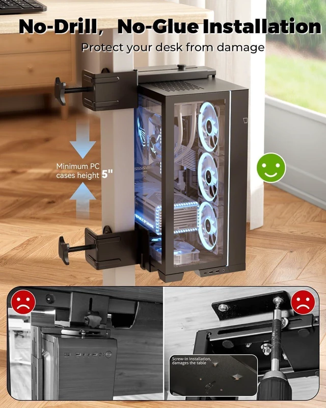 Alt view image 3 of 7 - No-Drill Clamp-On Desk-Leg Under-Desk PC Mount for Standing Desks Adjustable Computer Case CPU Holder Holds Up to 44 lbs, Black