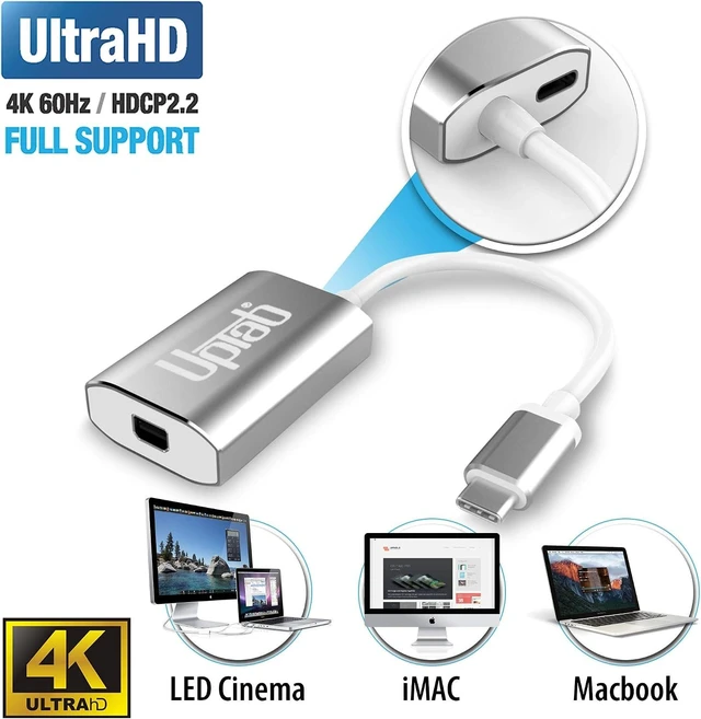 Alt view image 4 of 7 - USB-C to Mini DisplayPort Adapter 4K@60Hz Thunderbolt 3 to MDP with Power Port for M4 MacBook Pro/Air, iPad Pro, Mac mini M4, iMac and More (Silver)