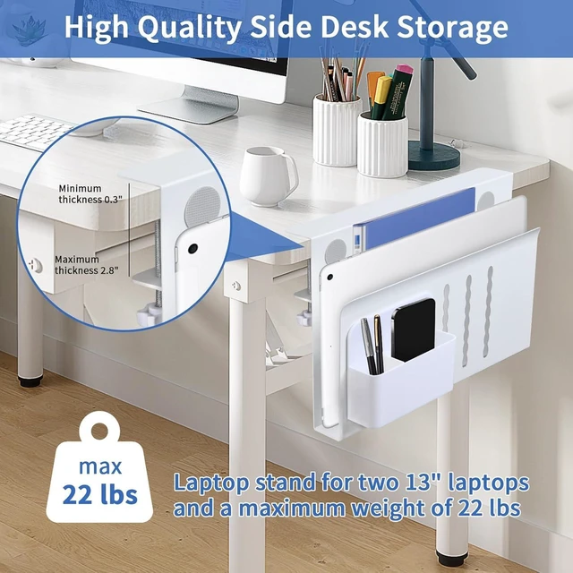 Alt view image 2 of 7 - Steel Side Desk Organizer, No-Drill Clamp-On Laptop Mount with Pen Holder & Table Hanging Storage for Home Office, Fits Flat Edge Tables 0.3" to 2.8"
