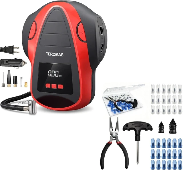 Main image of Portable Tire Inflator Air Compressor DC/AC Air Pump with Screw-Type Tire Repair Plug Kit for Car Tires