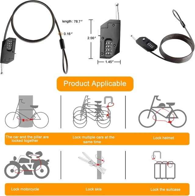 Alt view image 5 of 6 - 2-Pack Adjustable Combination Lock Flexible Retractable Steel Cable for Trail Cameras, 6.6ft Long Cable Lock for Luggage, Suitcase & Helmet, Black
