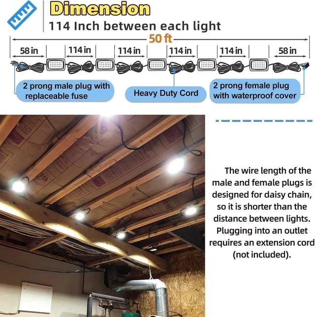 Alt view image 3 of 7 - 50FT 85W 8000LM LED Work Light, Waterproof Construction String Lights | Linkable Temporary Work Lighting for Outdoor & Indoor (5 Light Heads)