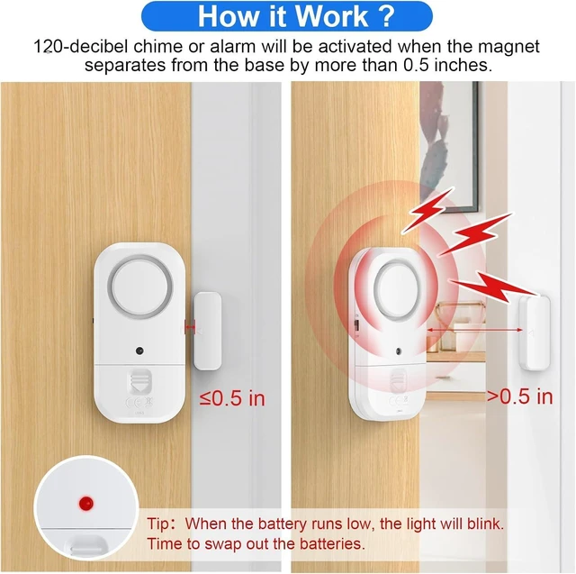 Alt view image 3 of 7 - Door & Window Alarm Sensors for Kids Safety & Home Security, for Home, Office, Store, Garage, Dorm Room, Apartment, RV, White, 6 Pack