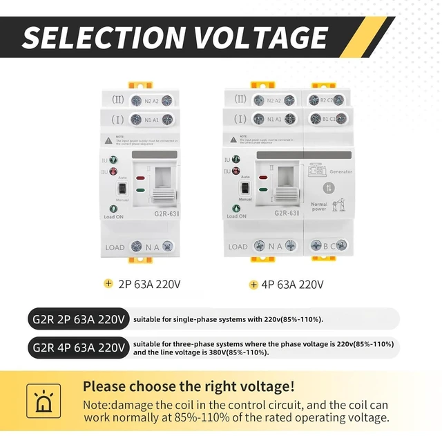 Alt view image 4 of 7 - Mini 4P 63A AC220V Automatic/Manual Transfer Switch, Home Generator Dual Power Selector for Uninterruptible Power Supply, 3-Phase DIN Rail Mount G2R