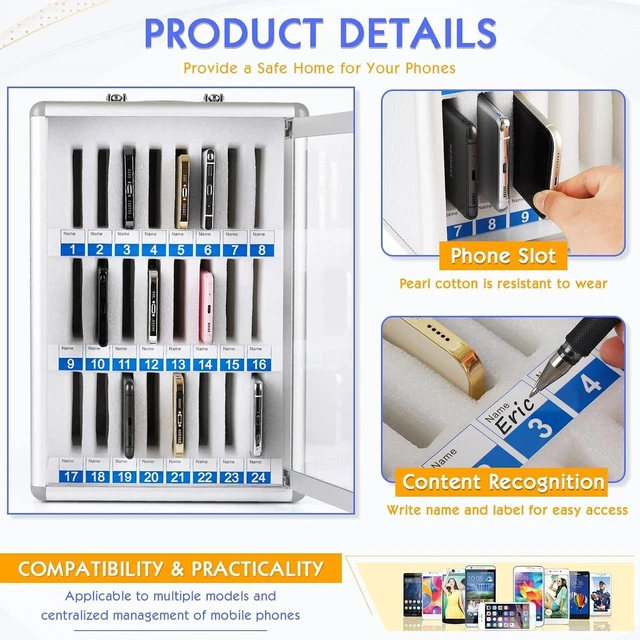 Alt view image 4 of 6 - 24 Slots Aluminum Alloy Cell Phone Locker for Classroom, Wall-Mounted Lockable Phone Storage Cabinet with Handle, Portable Cell Phone Lock Box