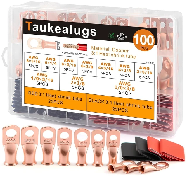 Main image of 100PCS Battery Copper Ring Terminal Connectors Kit AWG 8/6/4/2/1/0 Gauge, 5/16" 3/8" Crimp Wire Ends with 3:1 Heat Shrink Tubing