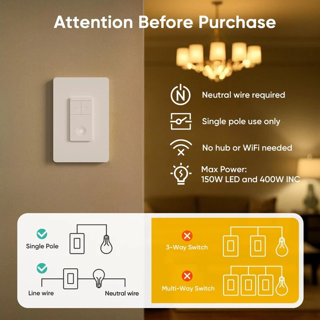 Alt view image 2 of 7 - Single-Pole Wireless Dimmer Switch with Magnetic Remote, Neutral Wire Required, Works with Dimmable LED/CFL/INC, 400W Max
