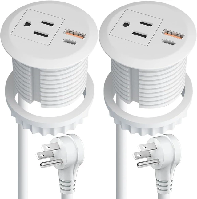 Main image of 2-Pack 2-Inch Desktop Power Grommet with 20W USB-C Fast Charging & 2 USB Ports, Flush Mount, Flat Plug, 6.4 ft Cord, White