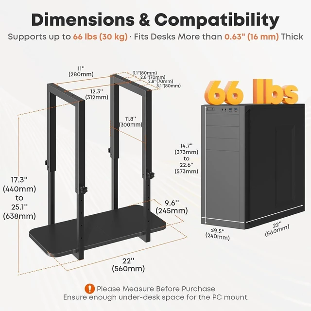 Alt view image 2 of 7 - Heavy-Duty Under-Desk PC Mount with Adjustable Height Space-Saving CPU Holder for PC Cases, Desk-Mounted Computer Stand, Max Load 66 lbs, Black