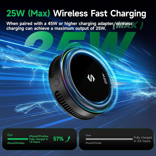 Alt view image 2 of 7 - 25W Wireless Charger with Cooling Fan, Dual-Sided Magnetic Pad for iPhone 17/16/15/14 MagSafe Charging, Phone Cooler for Gaming/Streaming