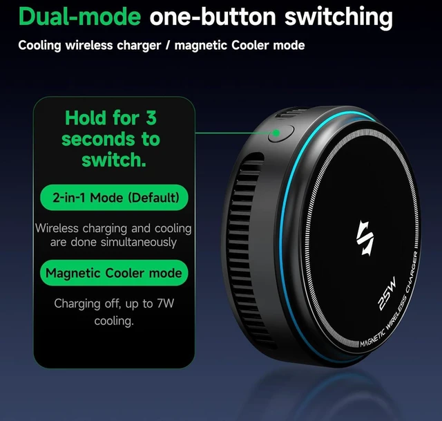 Alt view image 3 of 7 - 25W Wireless Charger with Cooling Fan, Dual-Sided Magnetic Pad for iPhone 17/16/15/14 MagSafe Charging, Phone Cooler for Gaming/Streaming