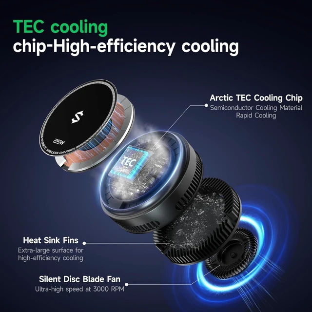 Alt view image 5 of 7 - 25W Wireless Charger with Cooling Fan, Dual-Sided Magnetic Pad for iPhone 17/16/15/14 MagSafe Charging, Phone Cooler for Gaming/Streaming