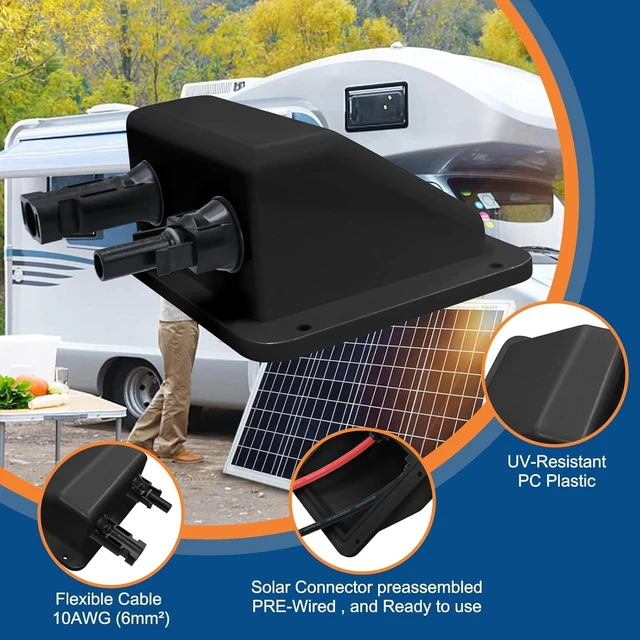 Alt view image 2 of 6 - Solar Cable Entry Gland with 10Ft 10AWG Black Extension Cable & Connector, UV-Resistant Dual Entry Housing for RV, Boat & Camper (3m, Black)