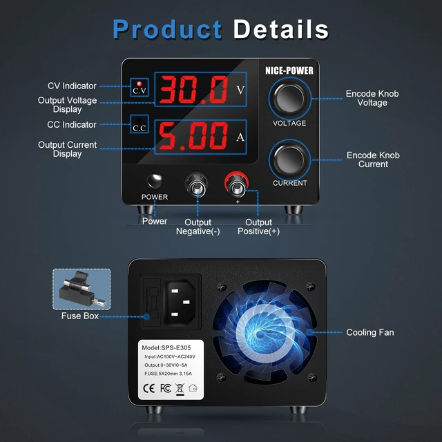 Alt view image 2 of 7 - DC Power Supply Variable 30V 5A, Adjustable Switching Regulated Bench Supply with Encoder & 3-Digit LED Display for Electroplating, DIY & LED Test
