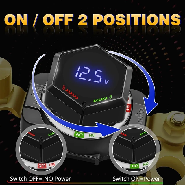 Alt view image 3 of 7 - 12V 250A Battery Disconnect Kill Switch for Car with Voltage Display DC 5-60V On/Off Power Isolator for RV, Marine, Boat, Truck, Camper & Trailer