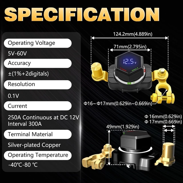 Alt view image 7 of 7 - 12V 250A Battery Disconnect Kill Switch for Car with Voltage Display DC 5-60V On/Off Power Isolator for RV, Marine, Boat, Truck, Camper & Trailer