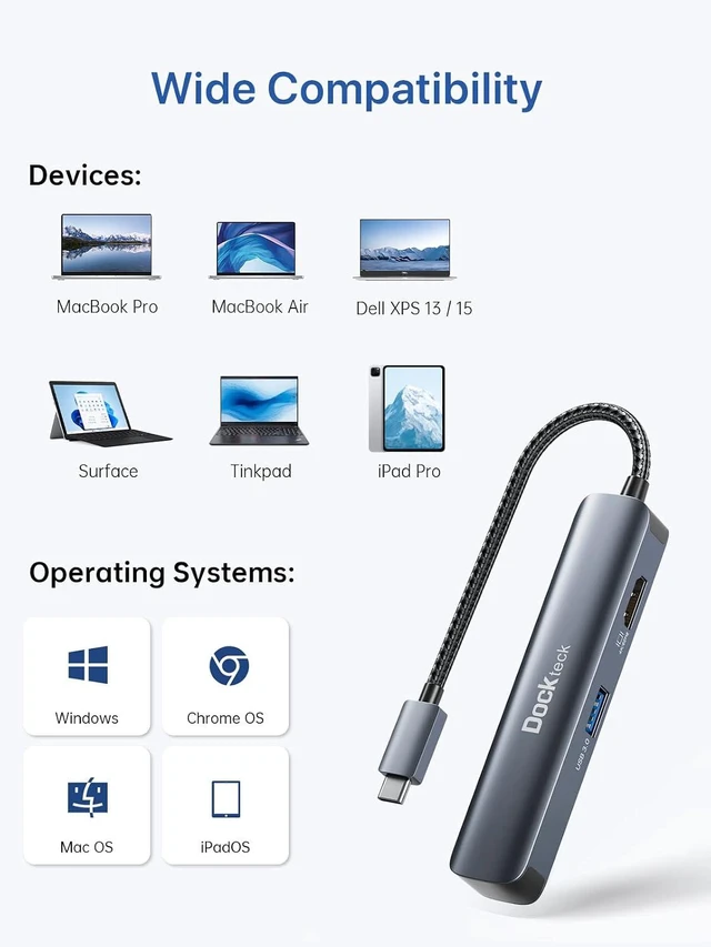 Alt view image 5 of 5 - Dockteck 5 in 1 USB C Hub Multiport Adapter with 4K 60Hz HDMI, USB 3.0 5Gbps & SD/Micro SD Reader for MacBook Pro/Air, iPad Pro/Air, Surface Pro, XPS