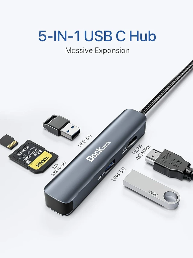 Alt view image 4 of 5 - Dockteck 5 in 1 USB C Hub Multiport Adapter with 4K 60Hz HDMI, USB 3.0 5Gbps & SD/Micro SD Reader for MacBook Pro/Air, iPad Pro/Air, Surface Pro, XPS