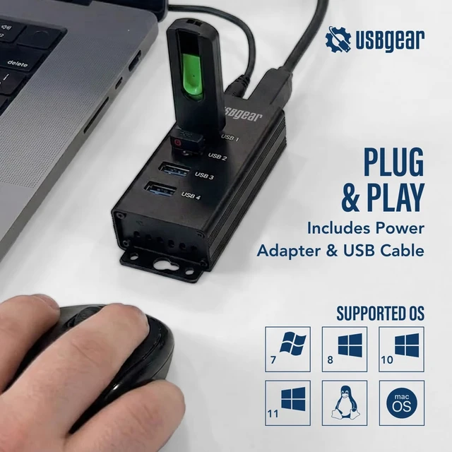 Alt view image 2 of 7 - 4-Port USB 3.2 Gen 1 Hub Mountable SuperSpeed Data Hub for Laptop, PC & Desktop, 5V/2A Adapter with Type-A to Type-B Cable (3ft)