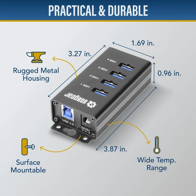 Alt view image 3 of 7 - 4-Port USB 3.2 Gen 1 Hub Mountable SuperSpeed Data Hub for Laptop, PC & Desktop, 5V/2A Adapter with Type-A to Type-B Cable (3ft)