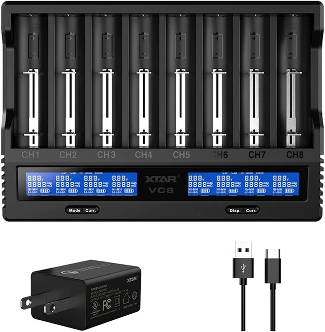 Main image of VC8 8-Slot Battery Charger with LCD Display - USB-C 3A Fast Charger for 18650, 21700, Li-ion, Ni-MH AA AAA C, Full Set with QC3.0 Wall Charger