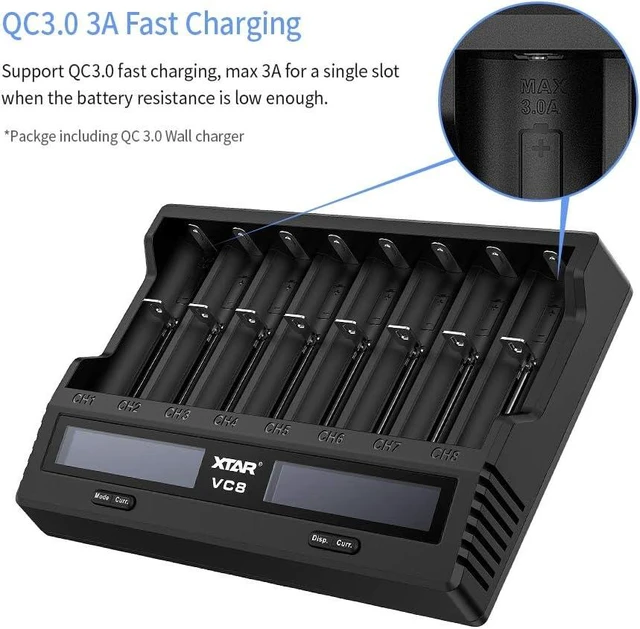 Alt view image 3 of 7 - VC8 8-Slot Battery Charger with LCD Display - USB-C 3A Fast Charger for 18650, 21700, Li-ion, Ni-MH AA AAA C, Full Set with QC3.0 Wall Charger