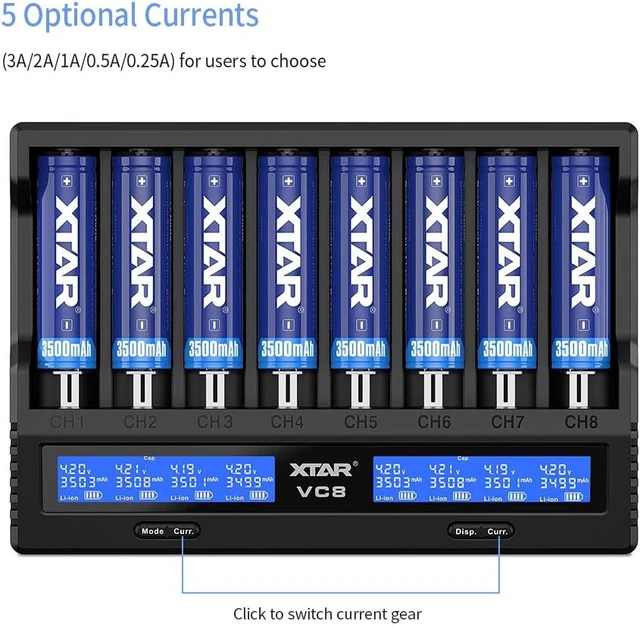 Alt view image 4 of 7 - VC8 8-Slot Battery Charger with LCD Display - USB-C 3A Fast Charger for 18650, 21700, Li-ion, Ni-MH AA AAA C, Full Set with QC3.0 Wall Charger