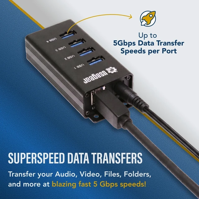 Alt view image 5 of 7 - 4-Port USB 3.2 Gen 1 Hub Mountable SuperSpeed Data Hub for Laptop, PC & Desktop, 5V/2A Adapter with Type-A to Type-B Cable (3ft)