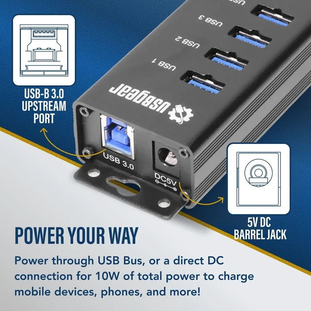 Alt view image 6 of 7 - 4-Port USB 3.2 Gen 1 Hub Mountable SuperSpeed Data Hub for Laptop, PC & Desktop, 5V/2A Adapter with Type-A to Type-B Cable (3ft)
