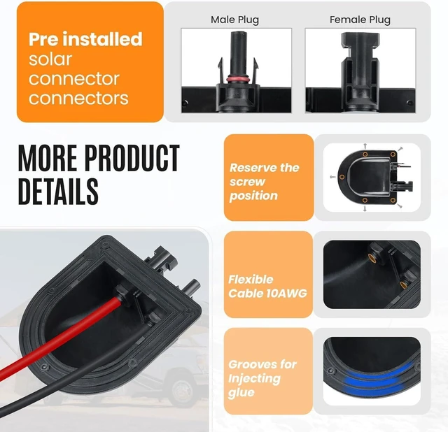 Alt view image 3 of 7 - Solar Cable Entry Gland with 10AWG Copper Cable & Connector, UV-Resistant Dual Entry Housing for Solar RV, Boats, Yacht & Roofs (Black 20FT)